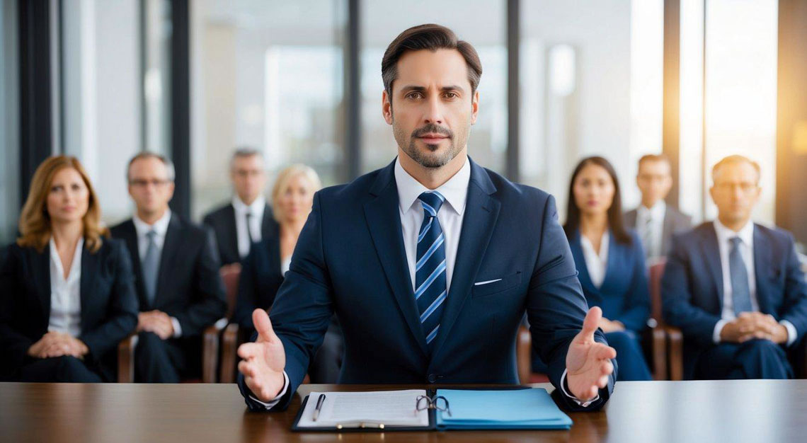 A DUI lawyer confidently presenting a strong defense in a courtroom, with a judge and jury listening intently