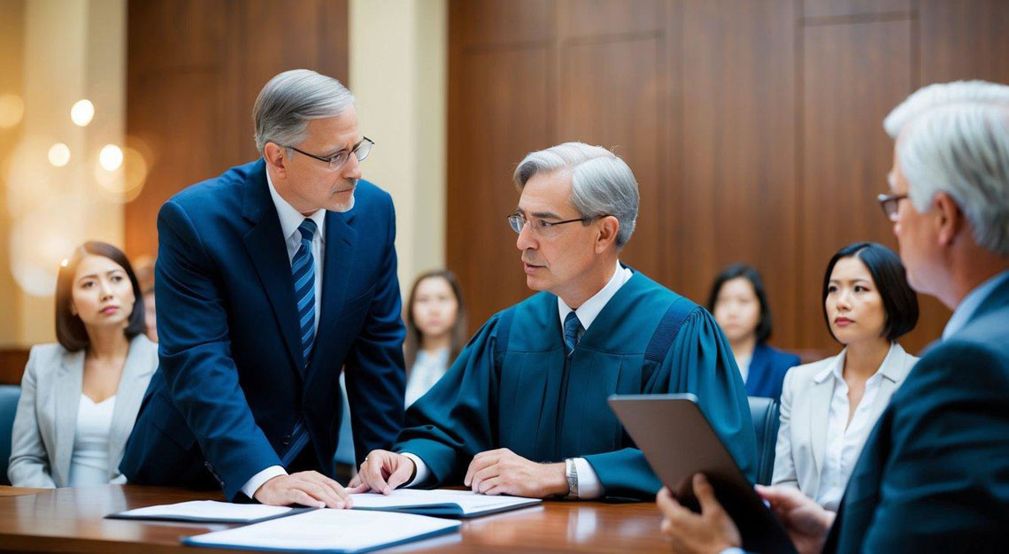 A courtroom with a judge and lawyer discussing a case, with worried clients looking on