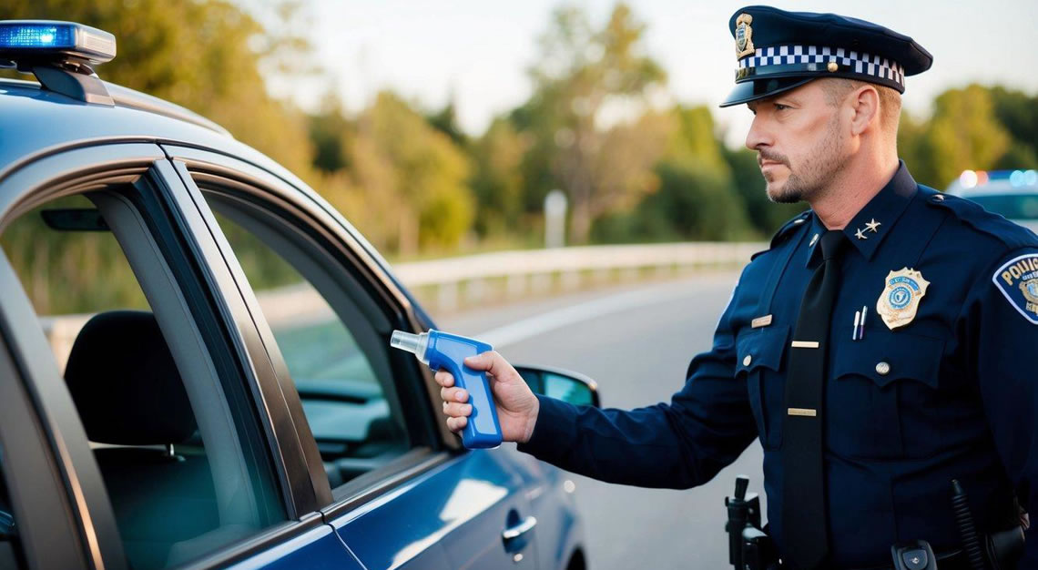 A driver standing by their car as a police officer holds out a breathalyzer device, with a stern expression on their face