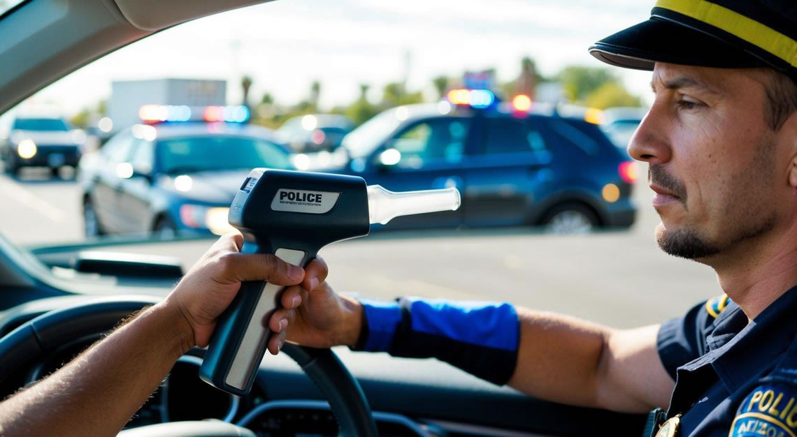A driver refusing a breath test at a traffic stop in Arizona. A police officer holding a breathalyzer device while the driver shakes their head